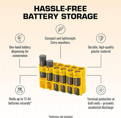 Storacell AA-12 Battery Storage Caddy and Dispenser (Pack of 2), Yellow, Holds 12 AA Batteries (Not Included), Durable & Compact Design, The Original Battery Caddy, Made in The USA