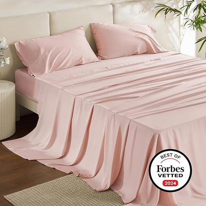Bedsure Full Size Bed Sheets, Cooling Sheets, Rayon Derived from Bamboo, Breathable & Soft, Deep Pocket Up to 16 Inches, Hotel Luxury Silky Bedding for Hot Sleepers, Pink