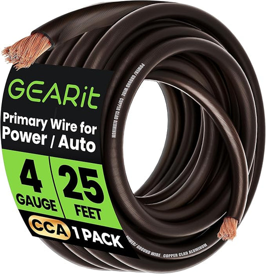GEARit 4 Gauge Wire (25ft - Black Translucent) Copper Clad Aluminum CCA - Primary Automotive Wire Power/Ground, Battery Cable, Car Audio Speaker, RV Trailer, Amp, Electrical 4ga AWG 25 Feet