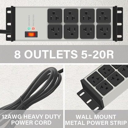 CCCEI Magnetic Heavy Duty Power Strip Surge Protector 20Amp, 12 Gauge High Amp Extension Outlets, Garage Wall Mount 8 Plug Metal Power Strip. 6FT, Grey, 5-15P Adapter 6-20R T-Slot 20a for Appliance