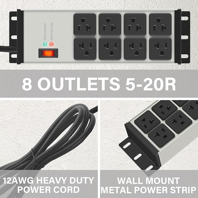 CCCEI Magnetic Heavy Duty Power Strip Surge Protector 20Amp, 12 Gauge High Amp Extension Outlets, Garage Wall Mount 8 Plug Metal Power Strip. 25FT, Grey, 5-15P Adapter 6-20R T-Slot 20a for Appliance