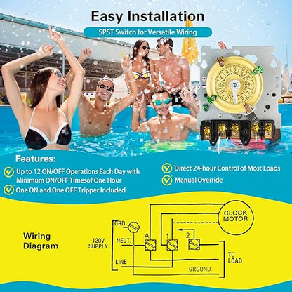 T104 Electromechanical Timer Switch for Lights, Fans, HVAC, 208-277 VAC 40A DPST, 5HP, 12 ON/Off Cycles, Tripper Included – Heavy Duty Pool Timer