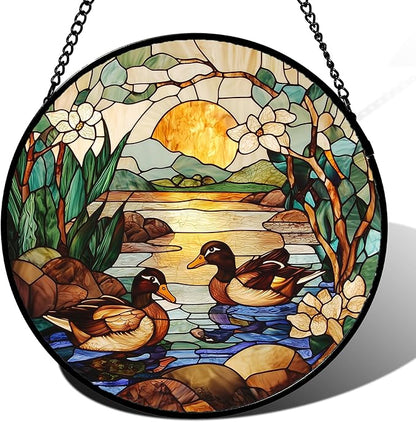 AMDERVEN Stained Glass Window Hanging, Ducks in The Pond Sun Catcher for Door Home Decor Landscape Plant Suncatcher Christmas Mother's Day Birthday Gifts for Women Men Mom Nana 11.8 in