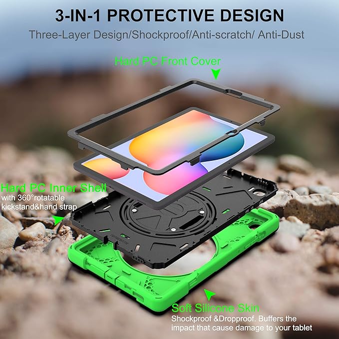 BRAECN for Samsung Galaxy Tab S6 Lite 10.4 Case, Heavy Duty Shockproof Case with Hand Strap, Shoulder Strap, Kickstand, S Pen Holder for Galaxy Tab S6 Lite 10.4 Inch SM-P620/P610 2024/2022/2020-Green