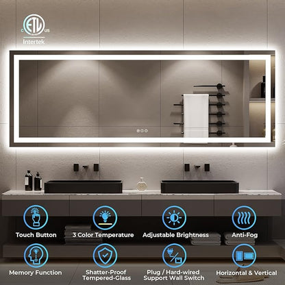 YEELAIT 96x36 Inch LED Bathroom Mirror with Lights Front and Backlit Lighted Vanity Mirror for Bathroom Wall with 3 Colors Dimmable Anti-Fog Memory Shatter-Proof IP54 Waterproof Horizontal/Vertical