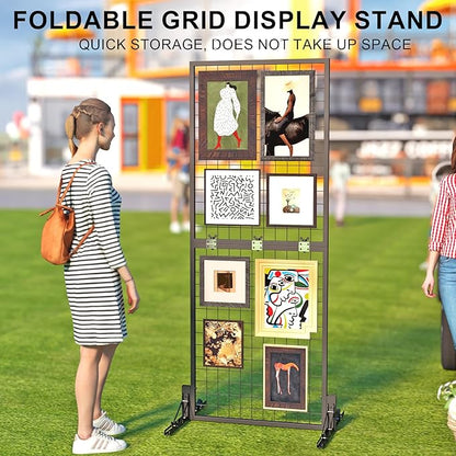 Grid Wall Display Panel Heavy-Duty Foldable, 2ft x 6ft Black Wire Wall Grid 1-Pack with 10 Hooks, Spring-Loaded Pins( Flat Base) for Retail Display Racks,Vendor Booth Display Stand, Trade Exhibits