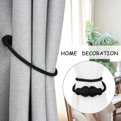 Nieffeiy Magnetic Curtain Tiebacks Outdoor Curtain Tie Backs Rope Decorative Magnetic Curtain Holders for Drapes Window Treatment Holdbacks, Glossy Black 4Pack