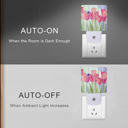 Smoaffly Pink Tulip Flowers Night Light Plug-in LED Nightlights Auto Sensor Night Lamp Dusk-to-Dawn Lamp Home Decor for Nursery Children Girls Boys