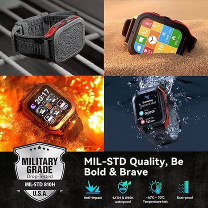 AMAZTIM Smart Watch, 60 Days Extra-Long Battery, 50M Waterproof, Rugged Military Bluetooth Call(Answer/Dial Calls), 1.85" Ultra Large HD Display, AI Voice Assistant, Compatible for Android and iOS-Red