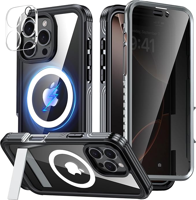 Magnetic & Stand for iPhone 16 Pro Max Case Built-in Privacy Screen Protector[360° Full Body Protection][Fit for Magsafe][Lens Protector] Heavy Duty Shockproof Case for iPhone 16 Pro Max Black