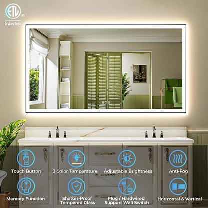 YEELAIT 72x36 Inch LED Bathroom Mirror with Lights (Front Lit and Backlit) Black Framed Lighted Vanity Mirror for Bathroom Wall Dimmable Anti-Fog Memory Tempered Glass Horizontal/Vertical