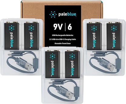 paleblue USB Rechargeable 9V Batteries (6-Pack) - 4500mWh Lithium Ion, 1000+ Charge Cycles, Includes (3) 2-in-1 USB-A to USB-C Charging Cables, LED Charge Indicator, 3.4 Hour Charge Time