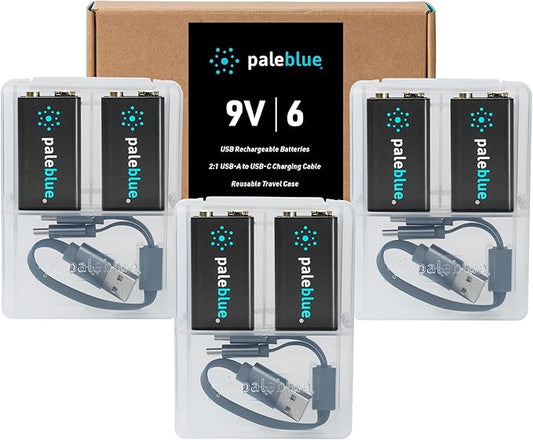 paleblue USB Rechargeable 9V Batteries (6-Pack) - 4500mWh Lithium Ion, 1000+ Charge Cycles, Includes (3) 2-in-1 USB-A to USB-C Charging Cables, LED Charge Indicator, 3.4 Hour Charge Time