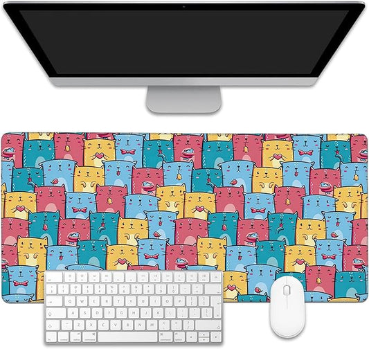 EOBKLAX Kawaii Colorful Cats Desk Mat,Large Gaming Mouse Pad,Non-Slip Rubber Base Desk Pad with Stitched Edges for Desk Office Home Decor 35.4X15.7 Inch