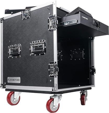 Sound Town High-Quality 1/2” (12mm) Plywood 12U PA DJ Pro Audio Rack/Road ATA Case with 12U Slant Mixer Top, Locking Drawer, 20.2’’ Rackable Depth and Casters (STMR-12D2)
