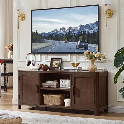 Joaxswe Farmhouse 55" Entertainment Center, Dark Walnut Tv Stand with Adjustable Shelves & 2 Door Storage,Wood Media Console Cabinet for TVs Up to 65 inches, Rustic Tv Stands for Living Room,Bedroom