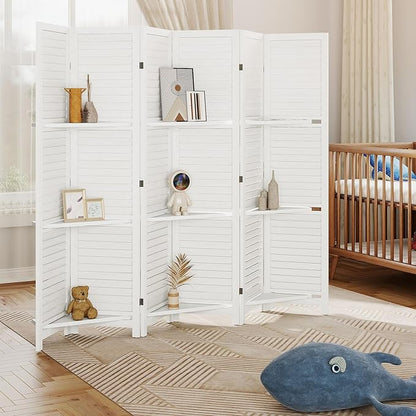 HOMCOM Room Divider, 6 Panel 67" Tall Wood Privacy Screen with 3 Display Shelves, and Folding Storage for Bedroom or Home Office, White