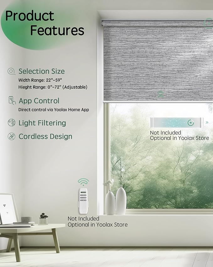 Yoolax Motorized Blinds App Control, Light Filtering Motorized Shades for Windows, Cordless Automatic Roller Shades for Bedroom Living Room Office(Light Filtering Jacquard Gray, 27" W x 72" H)