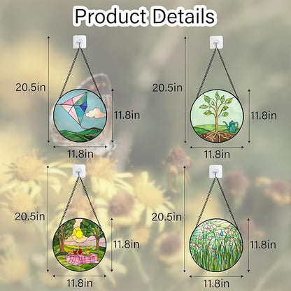 AMDERVEN Stained Glass Window Hanging 4 Pcs Set Pink Green Spring Saplings Flowers Large 11.8" - Suncatcher Door Garden Sun Catcher Home Decor Mother's Day for Woman Nana Mom Men
