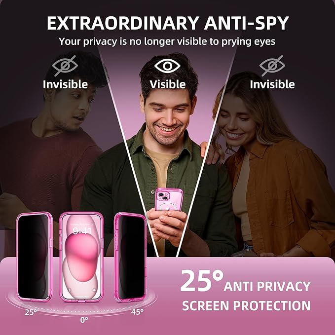 Magnetic for iPhone 15 Case, Compatible with MagSafe, Built-in Privacy Screen Protector and Camera Protection, Anti Spy Full Body Dustproof Shockproof Hard Phone Case 6.1", Fluorescent Pink
