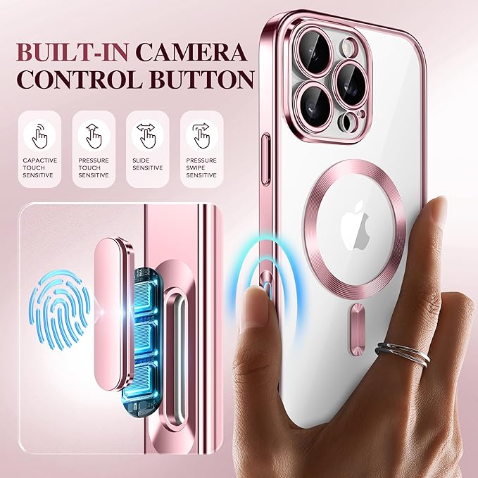 BERFY Magnetic for iPhone 16 Pro Case, Compatible with Magsafe, Built-in 9H Tempered Glass Screen Protector & Upgraded Camera Protection, Full-Body Plating Shockproof Phone Case for 16 Pro 6.3", Pink