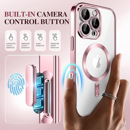 BERFY Magnetic for iPhone 16 Pro Case, Compatible with Magsafe, Built-in 9H Tempered Glass Screen Protector & Upgraded Camera Protection, Full-Body Plating Shockproof Phone Case for 16 Pro 6.3", Pink