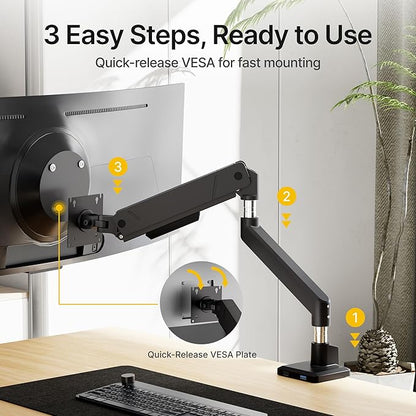 monTEK Single Monitor Arm with USB for Max 45 Inch Ultrawide Screens Adjustable Monitor Desk Mount Holds 35 Lbs Cable Management with C Clamp/Grommet Desk Mount, VESA 75/100mm, MA1007UCBK