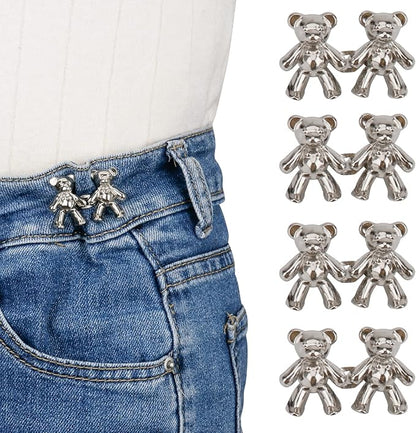 TOOVREN Cute Bear Button Pins for Loose Jeans - No Sew, No Tools Instant Pant Waist Tightener, 4 Sets Jeans Button Replacement Pant Clips for Waist Buckle
