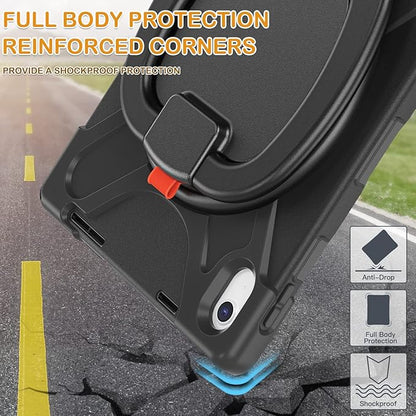 BRAECN Case for iPad (A16) 11th/10th Generation 11”/10.9'' 2025/2022, Protective Silicone Rugged with Screen Protector/Swivel Ring Stand/Stable Kickstand/Handle Grip/Shoulder Strap for Kids, Black