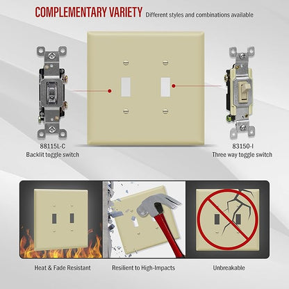 ENERLITES Double Toggle Switch Cover, Two Gang Light Switch Wall Plate, Gloss Finish, Oversized 2-Gang 5.5" x 5.5", Unbreakable Polycarbonate Thermoplastic, UL Listed, 8812O-I, Ivory