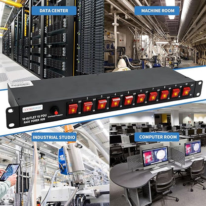 1U PDU Horizontal Rackmount Power Strip - Surge Protector 10 NEMA 5-15R Outlet 100V-240V/15A 1800 Joules, 10 Independent LED Switches, w/6 ft Cord, for Network Server, ETL Listed, by CENTROPOWER