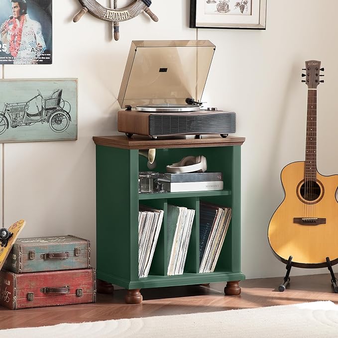 Joaxswe Record Player Stand with Vinyl Record Storage, 24" Wide Mid-Century Record Player Table Up to 200 Albums,Large Wood Turntable Stand Cabinet Dispaly Shelf for Living Room,Bedroom,Green