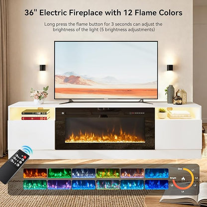 YISUFO 80” TV Stand with 36” Electric Fireplace, Large Modern Media Entertainment Center with Storage Cabinet and 12 Colors LED Lights for TVs Up to 90",White and Black