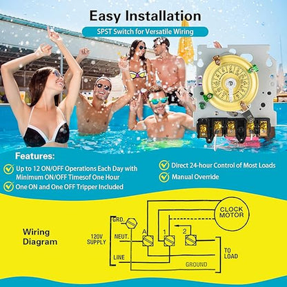 T104M Mechanical Timer Switch Mechanism Only, 208-277V 40A DPST, Heavy Duty Outdoor Timer for Pool Pump, Water Heater, Lighting – 24-Hour, 12 ON/Off Cycles.