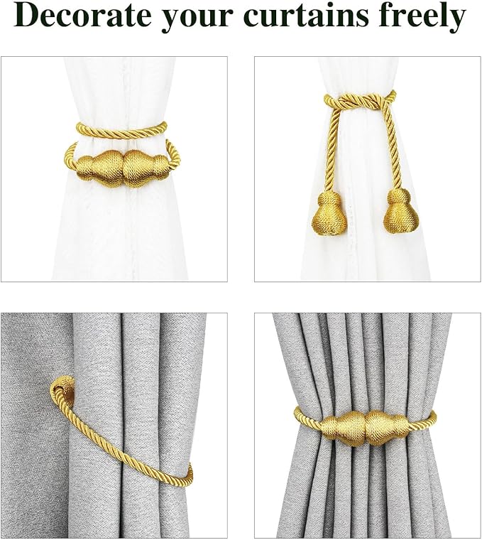 Nieffeiy Magnetic Curtain Tiebacks Outdoor Curtain Tie Backs Rope Decorative Magnetic Curtain Holders for Drapes Window Treatment Holdbacks, Gold 2Pack