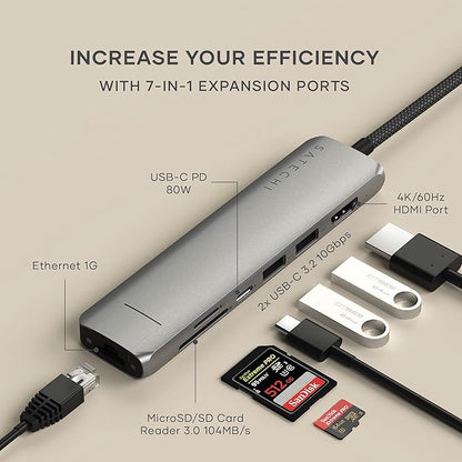 Satechi 7 in 1 USB C Hub Multiport Adapter with Ethernet, HDMI 4K@60Hz, 100W PD Charging, 2X USB-A Data Ports, Micro/SD Card Readers for MacBook Air/Pro M5/M4, iPad, Windows - Space Gray