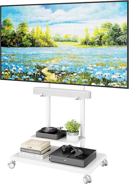 ECOTINY Steel Base Rolling TV Stand with Soundbar Mount for 50-90 inch TVs up to 154lbs, Swivel&Tilt Mobile TV Stand with Large Storage, Height Adjustable Heavy-Duty TV Cart, Max VESA 600x400mm, White