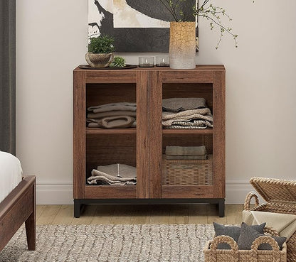 WAMPAT Modern TV Stand with Glass Doors for 32-40 inch TVs, Entertainment Center TV Console with Adjustable Shelves for Living Room, Bedroom, Brown