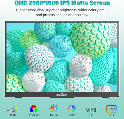 InnoView 16" 2.5K 120Hz Portable Monitor Built-in Speakers and Kickstand & VESA 100% sRGB QHD 400 Nits | 2 Type-C & HDMI | Eye Care | Travel Monitor for Laptop/Switch/PS5/Xbox (Adapter Excluded)