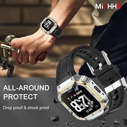 MioHHR Stainless Steel Case and Band Compatible with Fitbit Versa 4/3/2/Lite/Sense/Sense 2 Bands with Metal Case, Rugged Sports Protector Cover Silicone Wristbands for Men, Silver/Gold