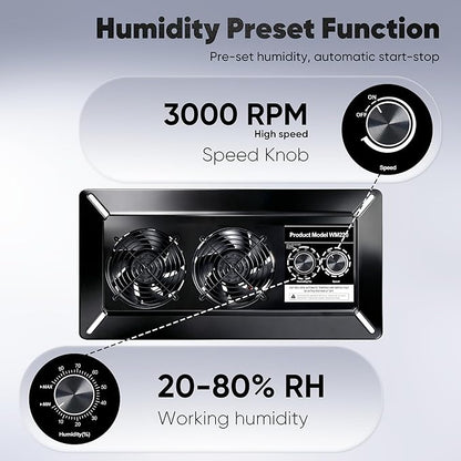 WARMOASIS 220 CFM Crawl Space Vent Fan with Dehumidistat & Thermostat, Dual Knobs for Speed & Humidity Control, 3000 RPM, Reduces Indoor Radon, Humidity & Odors, High-Efficiency Ventilation
