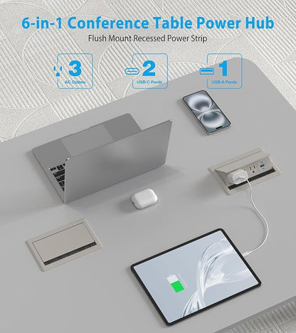 Recessed Conference Table Power Hub with 20W USB-C PD Fast Charging, Flush Mounted for Desks, Kitchens & RVs, 6FT Power Cord (Golden)