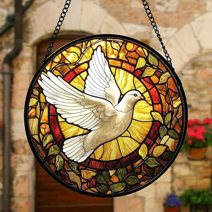 DASTOLL Stained Glass Window Hanging, Flying White Dove Sun Catchers Diamond Glass Panel Hangings Cute Birds Suncatcher Decor for Birthday for Women, Men, Wife, Aunt, and Mom 9.8X9.8 in