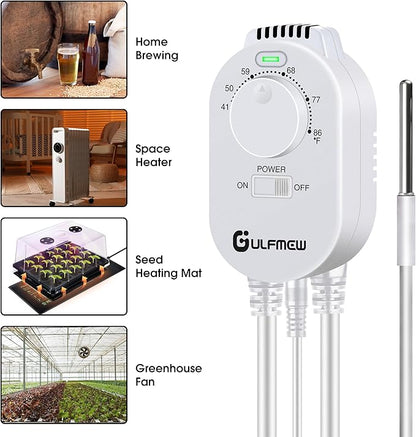 Plug in Thermostat for Heater, Thermostat Plug Outlet with 4.9FT Power Cord, Heating and Cooling Thermostats Outlet with Temperature Probe for Space Heater, Greenhouse Fan(White,1 Pcs)