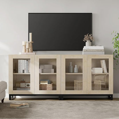 WAMPAT Modern TV Stand with Glass Doors for 32-70 inch TVs, 2 in 1 Entertainment Center Console with Adjustable Shelves for Living Room, Bedroom, Light Oak