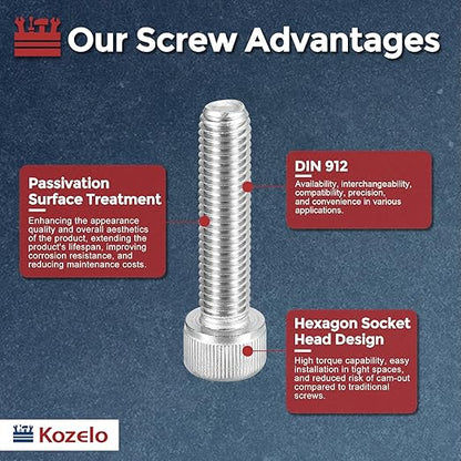 Kozelo 4pcs Socket Head Cap Screws - [M10-1.5 x 50mm] 304 Stainless Steel Allen Socket Drive for Electrical Motor 3D Printing Fan Engine Replacement Use, Silver