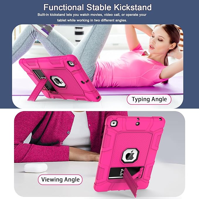 Rantice Case Compatible with iPad 9th Generation Case, iPad 8th Generation, iPad 7th Generation, Hybrid Shockproof Rugged Drop Protective Case with Kickstand for iPad 10.2'' (Rosepink+Black)