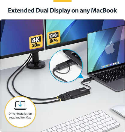 StarTech.com Dual Monitor Adapter for M1/M2/M3/M4 macOS Systems, Windows, ChromeOS. Thunderbolt, USB 3.0 or USB-C HDMI Splitter Extended Display, 4K30 Output 1 & 1080p Output 2, (107B-USB-HDMI-2)