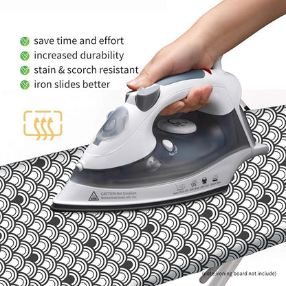 Bumkimue Ironing Board Cover and Pad, Standard Size 15x54 Inches, Blue Floral Pattern, Heavy Duty Padded, Elastic Edge, Scorch Resistant (Black and White Shell Shape)