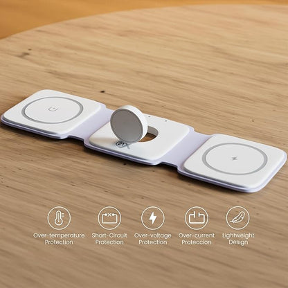 3-in-1 Foldable Magnetic Wireless Fast Charger – Travel Charging Pad Compatible with iPhone 12–16 Series, Samsung Galaxy Series, Huawei, Apple Watch, AirPods & Other Qi-Enabled Devices